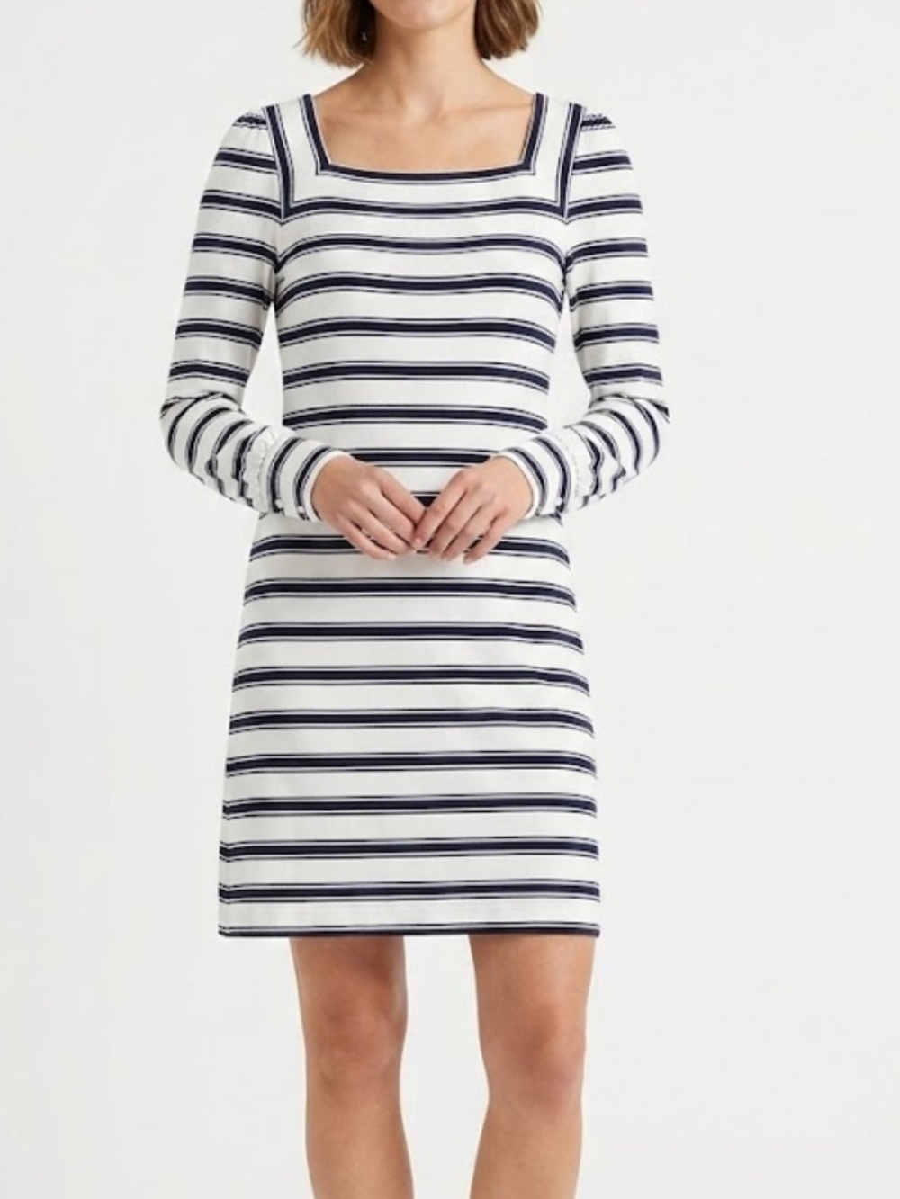 LOFT White & Navy Striped Square-Neck Long Sleeve Dress